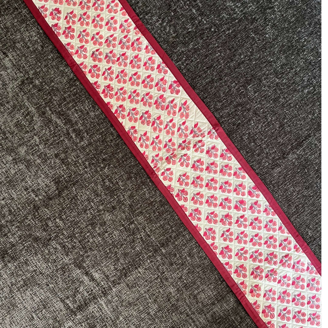 Table Runner | Hand Block Printed Cotton | Cream And Red Floral