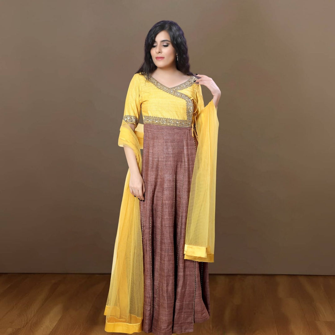 Peeli Mitti Tussar Ghicha Angarakha | Embellished | Mustard & Cinnamon Brown