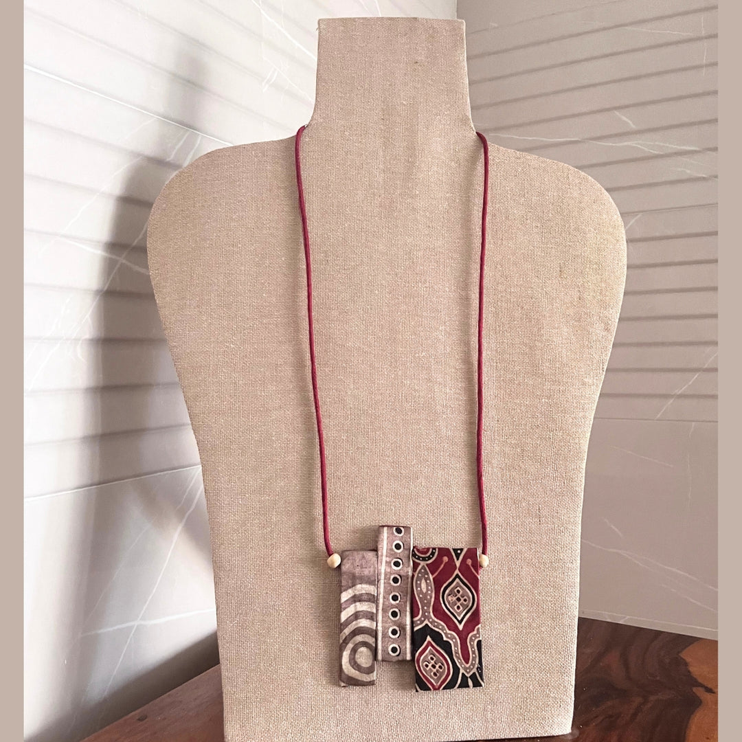 Ajrakh Pendant Necklace | Hand Crafted | Smart Design | Red Black and Beige