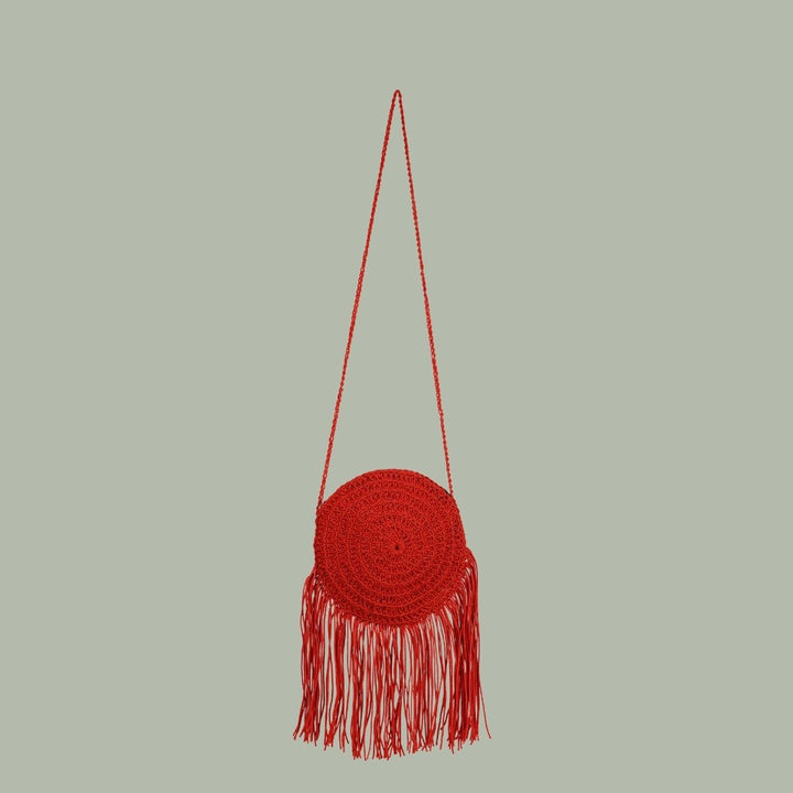 Long Tasseled Mini Sling Bag | Hand-Crochet | Cotton Yarn | Crimson Red