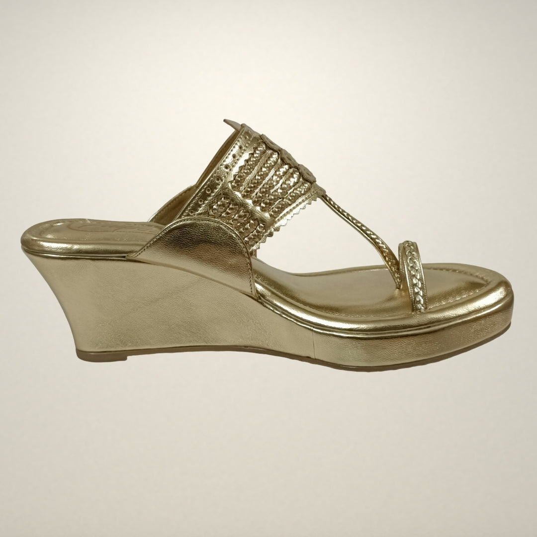 Light Gold Wedge Heel Kolhapuris For Women | Comfy Festive Wear 