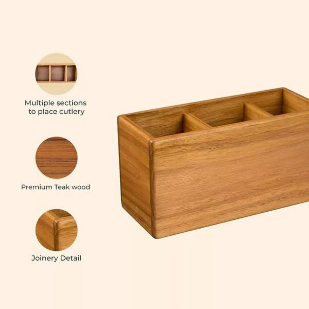 Teakogram Cutlery Caddy | Premium Teak Wood | Hand-Crafted | 9 Inch