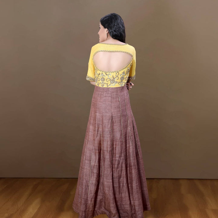 Peeli Mitti Tussar Ghicha Angarakha | Embellished | Mustard & Cinnamon Brown