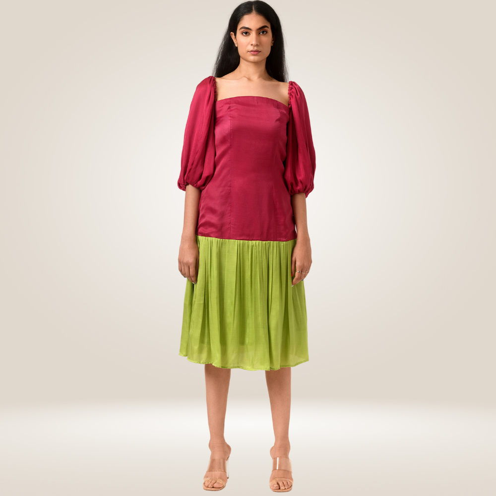 Wine-Green Balloon Sleeved Colour Block Dress | Modal Silk | Chic Appeal