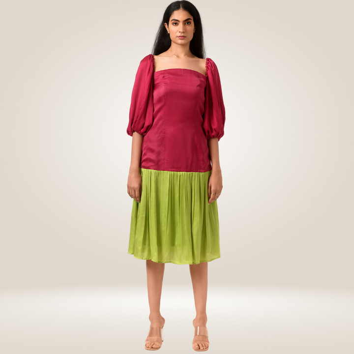 Wine-Green Balloon Sleeved Colour Block Dress | Modal Silk | Chic Appeal