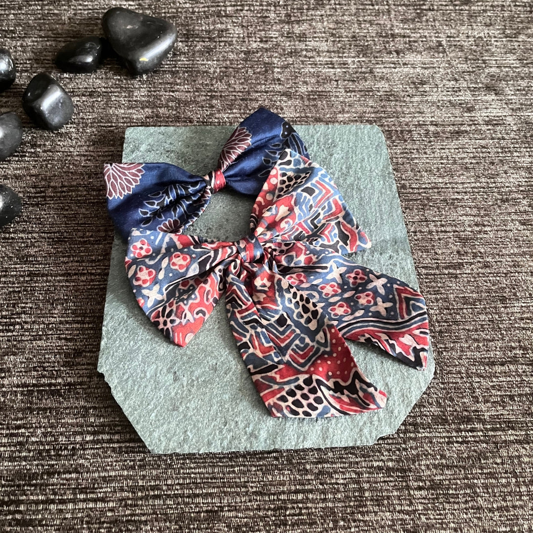 Bow Hair Clips For Girls | Ajrakh Block Print | Comfortable | Two Designs | Set of 2