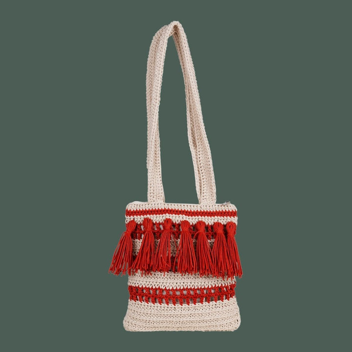 Long Handle Bag | Hand-Crochet | Cotton Yarn | Off White & Crimson Red