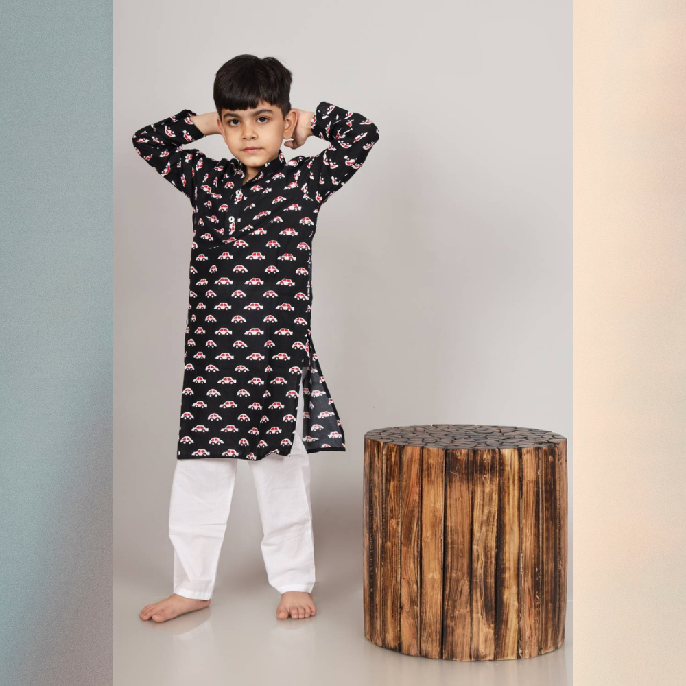 Black Car Kurta Set | Boys Ethnic Kurta Set | Festive Wear | Cotton | Black And White