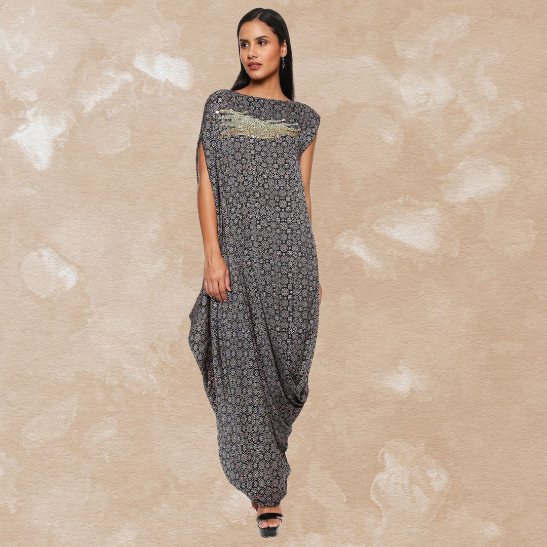 Syahi Cowl Dress | Hand-Block Print | Sujani Embroidery | Black