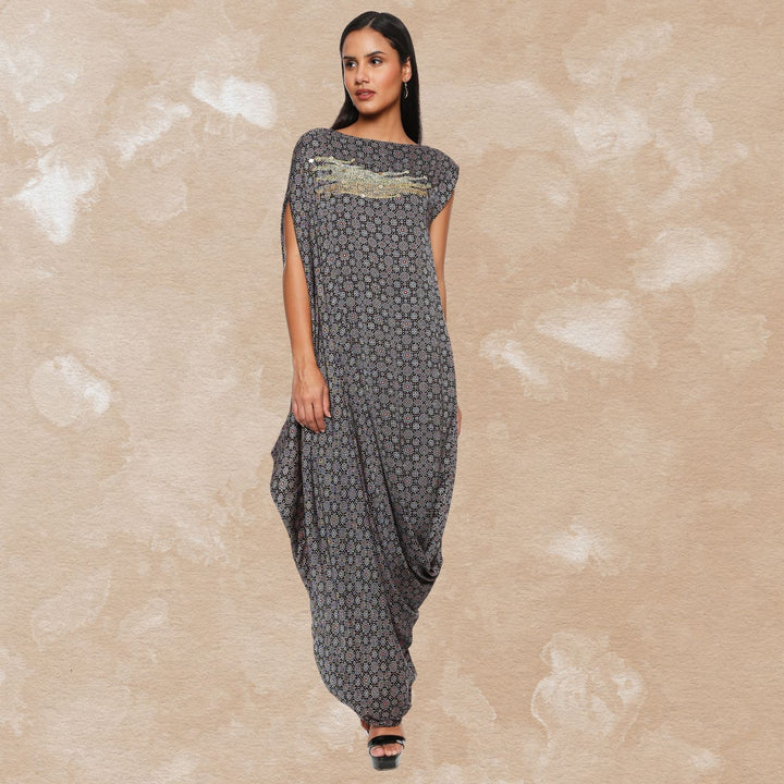 Syahi Cowl Dress | Hand-Block Print | Sujani Embroidery | Black