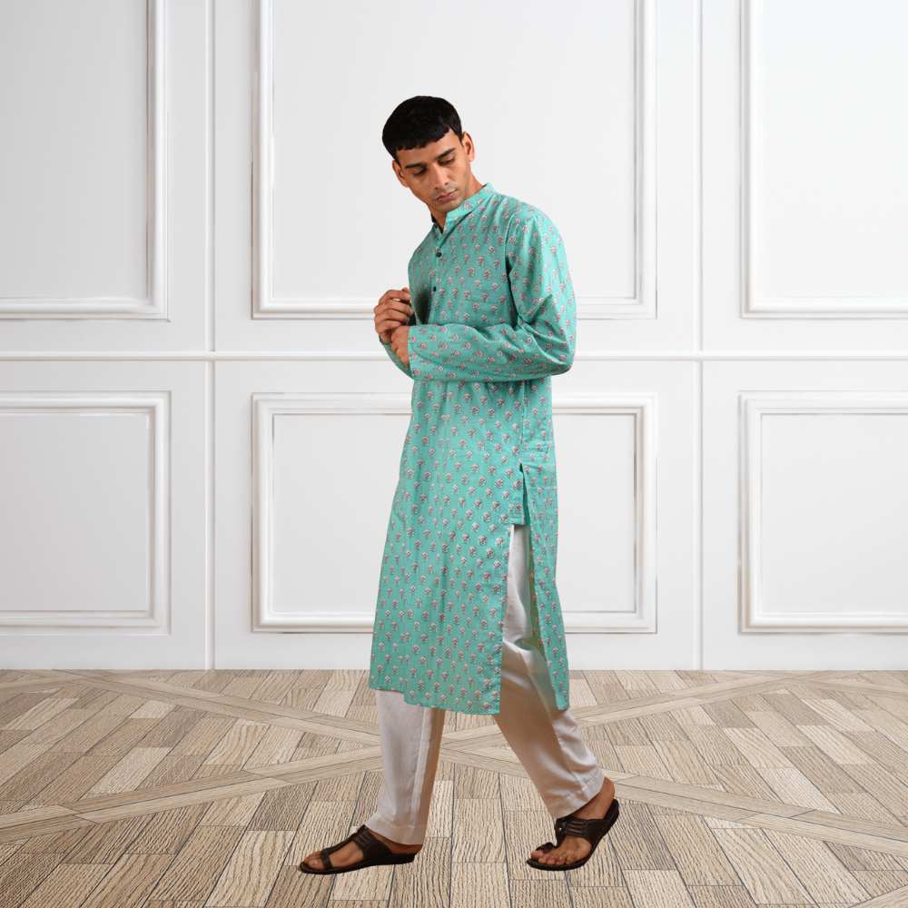 Mint Hand Block Long Kurta | Cotton | Mint And Pink