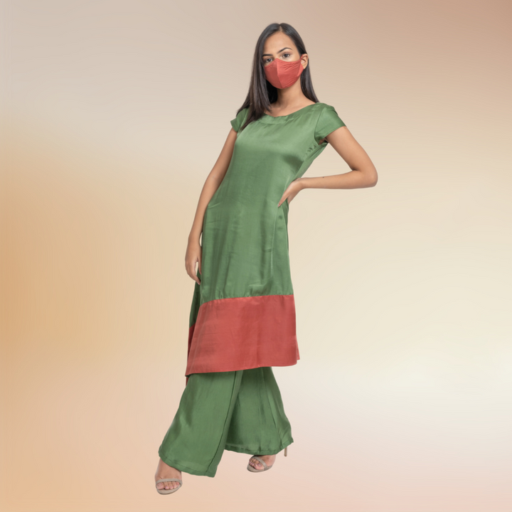 Olive Green Set | Co-ord | Kurta Set | Bemberg Modal Silk | Olive Green And Crimson