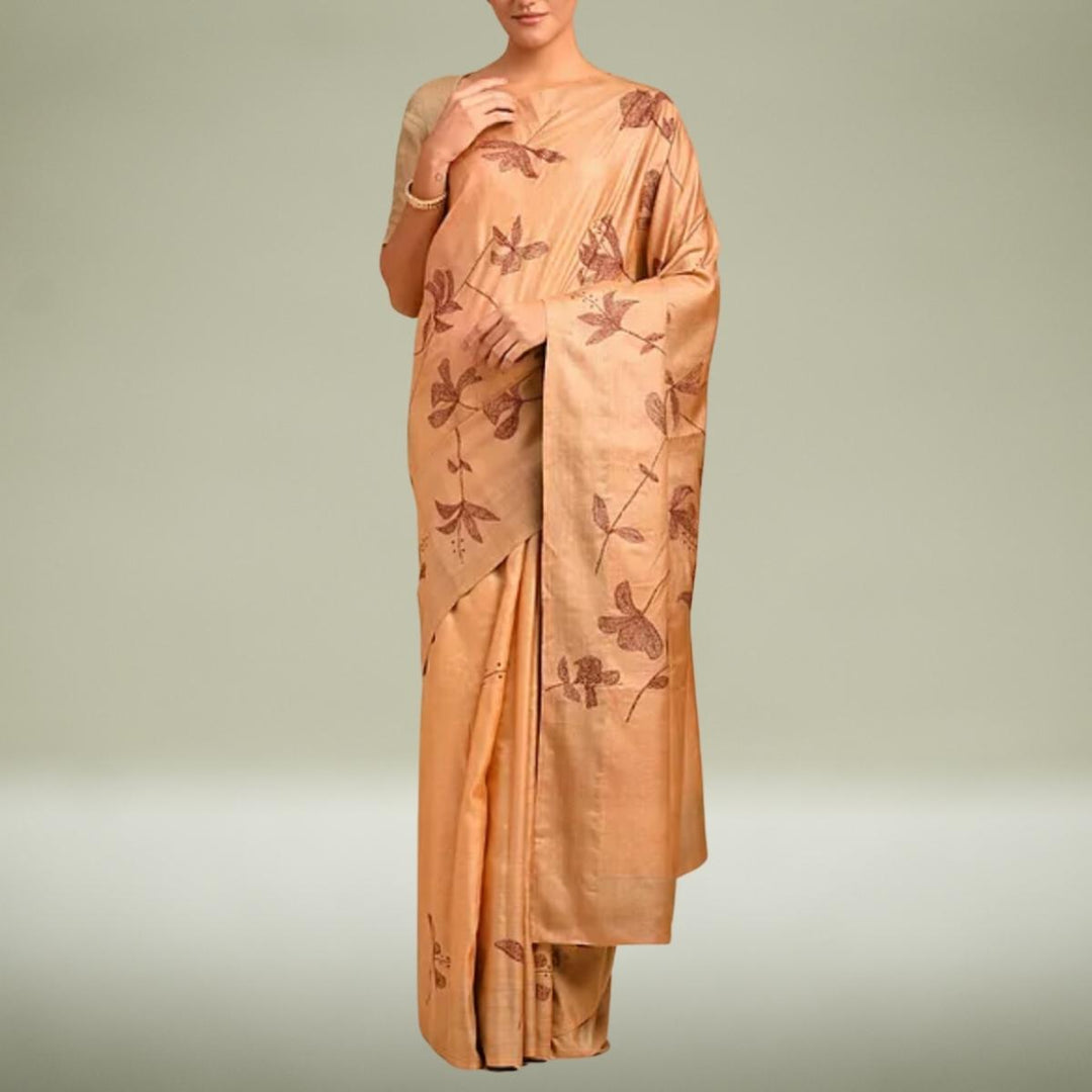 Copper Tussar Silk Saree | Sujani Embroidered | Classy & Festive Wear | Monochrome Look