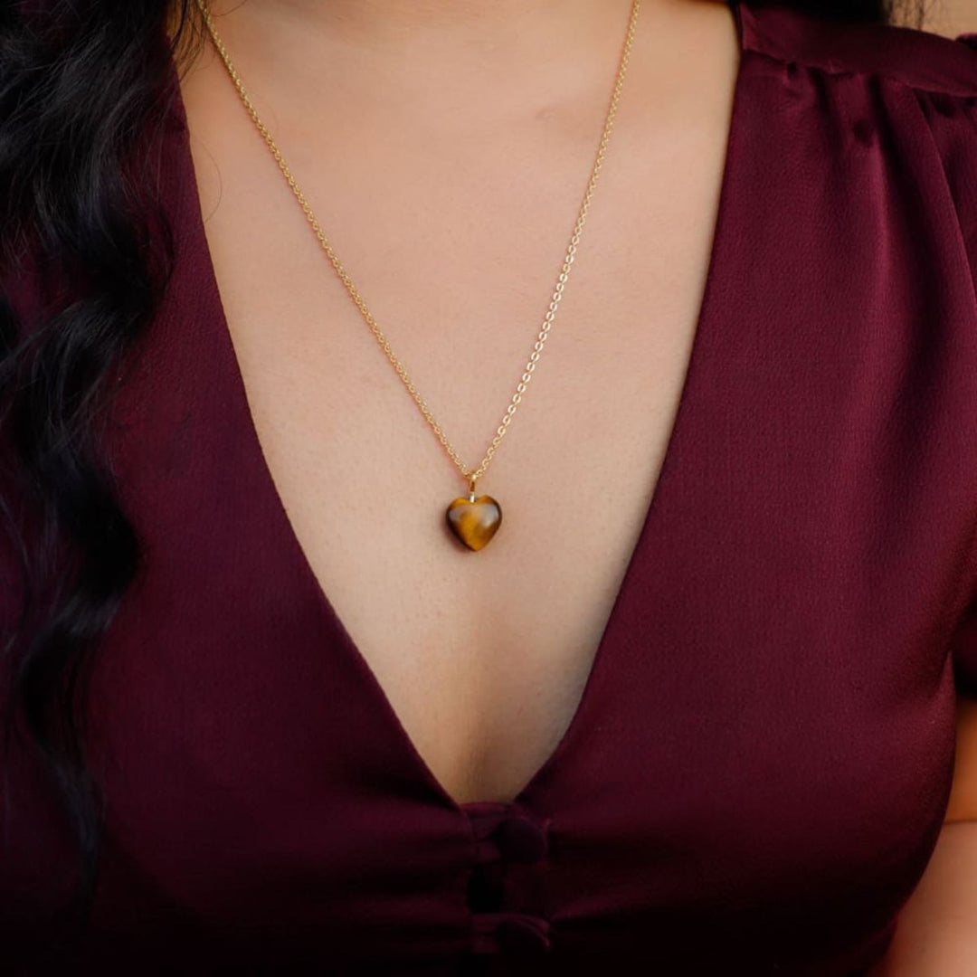 Tiger Eye Stone Pendant With Golden Chain | Healing Stone | Artisanal