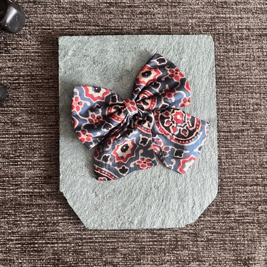 Knotted Bow Hair Clips | Comfortable | Ajrakh Block Print | Floral & Stripe | Set Of 2