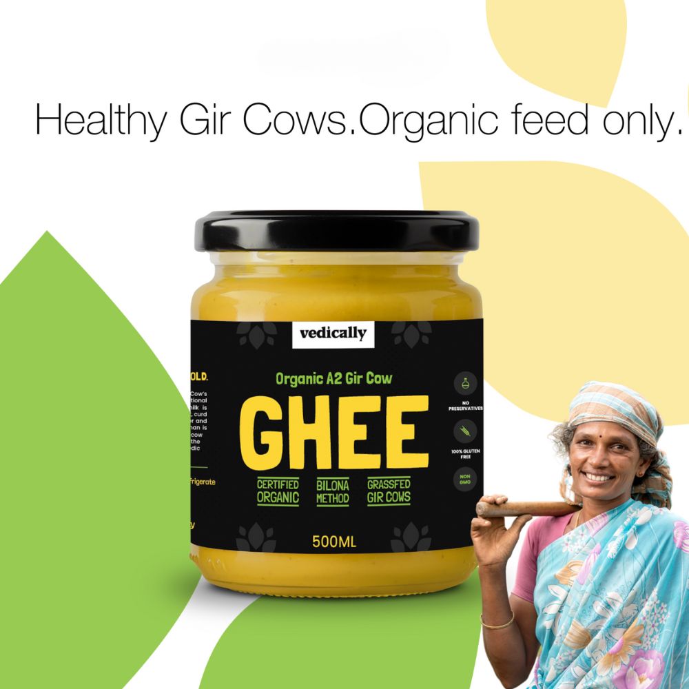 A2 Gir Cow Ghee | Bilona Churning | No Trans Fat | No GMO | Organic | Glass Jar of 500 ML