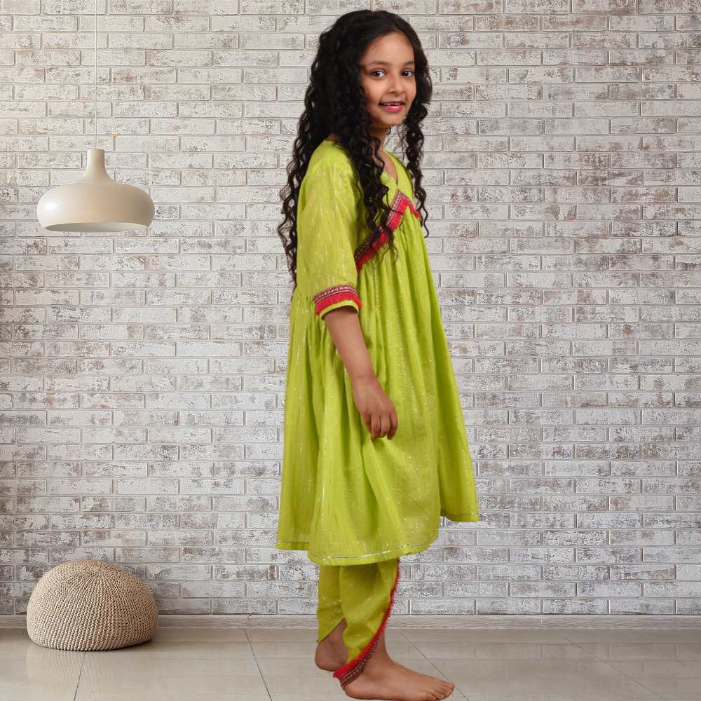 Basant Dhoti Set | Occasion Wear | Cotton | Lime And Pink