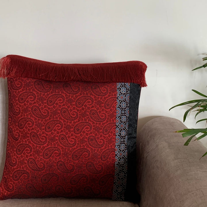 Maroon And Grey Tasselled Cushion Cover | Ajrakh And Banarasi | 16" x 16"