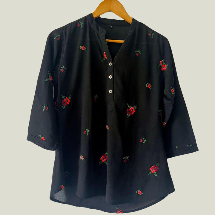 Black Georgette Floral Shirt | Relaxed-Fit | Machine Embroidered