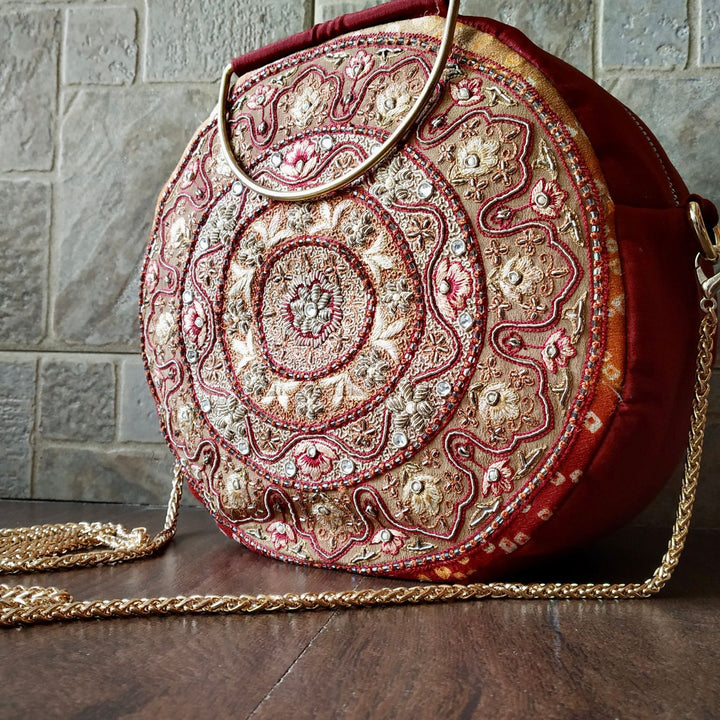 Maroon Circular Sling Bag |  Bandhani Glam | Stylish and Functional