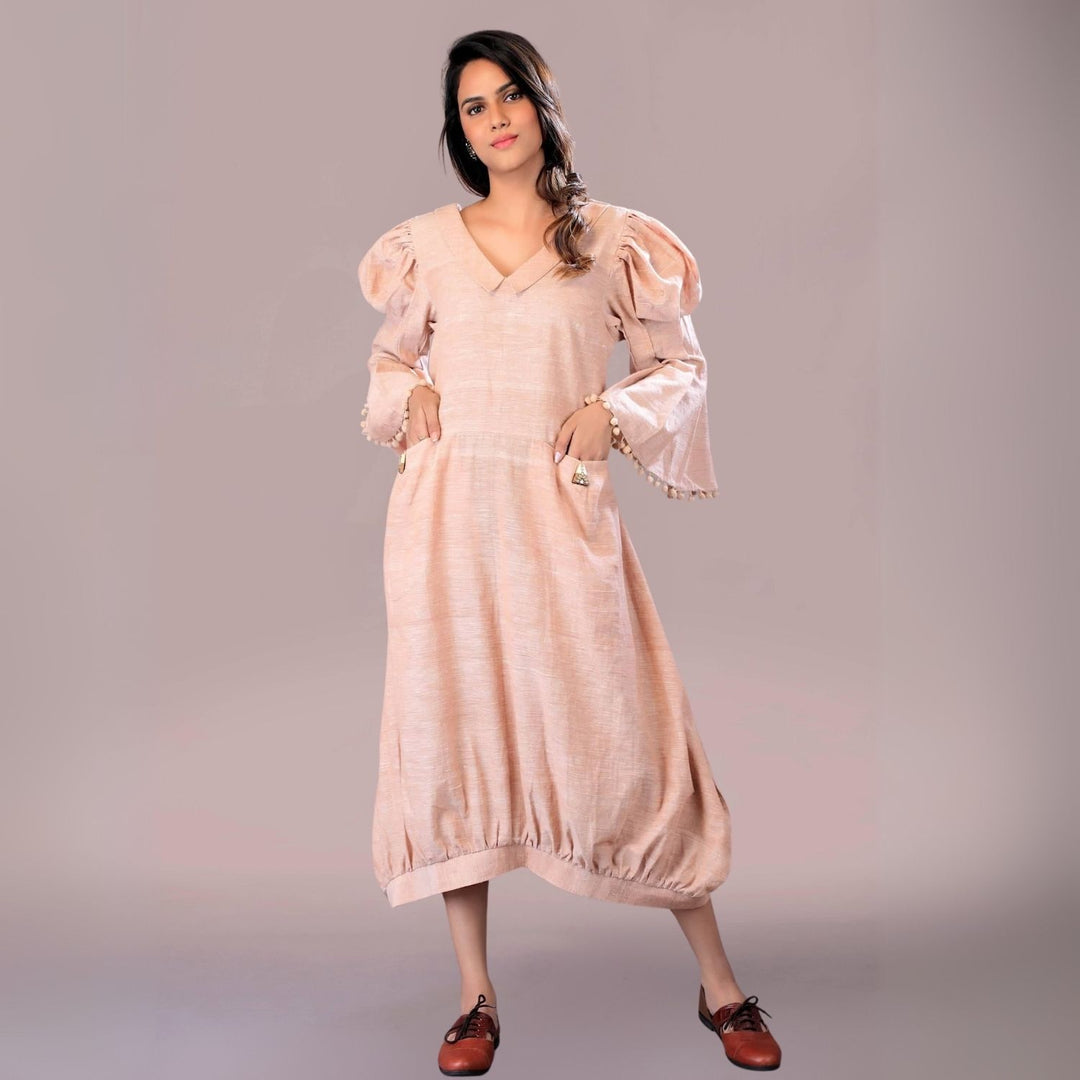 Bowy Affair Dress | Puffed & Bell-Sleeve | Cocoon Style | Easy Breezy Dress | Almond