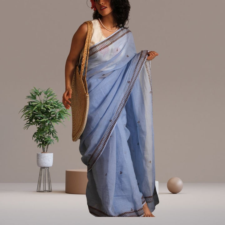 The Laguna Saree | Kota | Hand Block Printed | Steel Blue