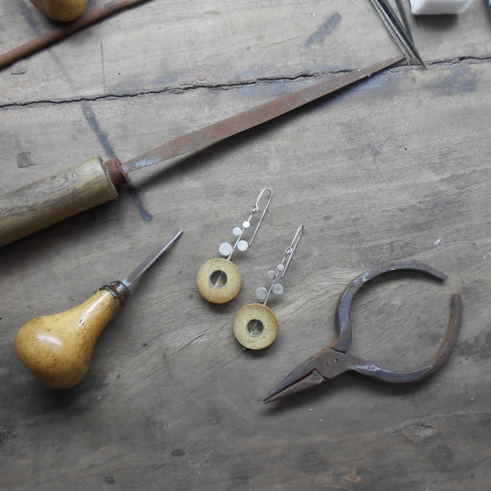 Rhea Dot Dash Earrings | Hand- Crafted | 92.5 Silver & Gold Plated Recycled Brass & Bamboo