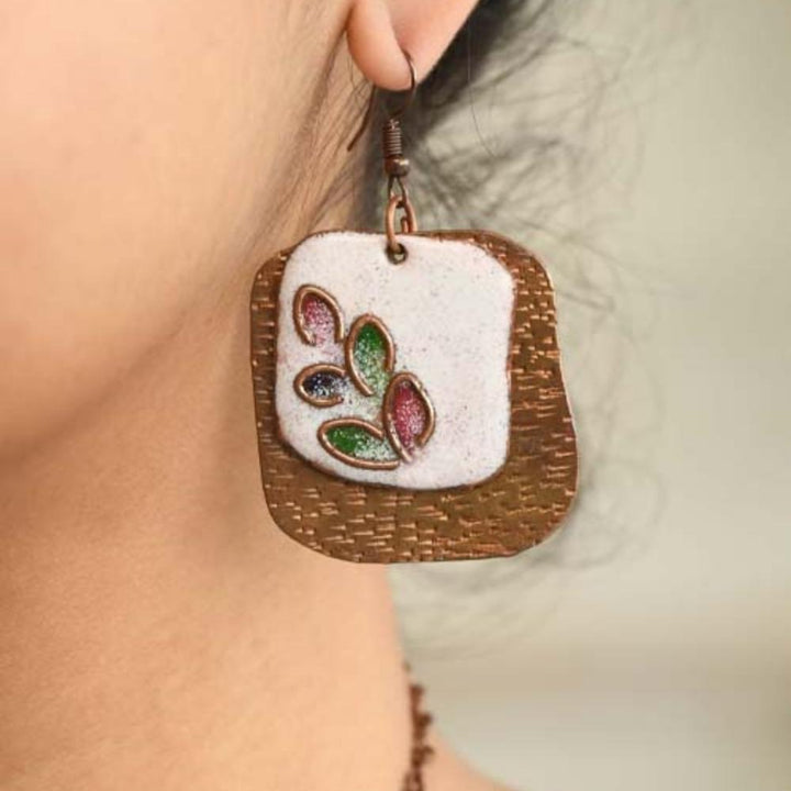 Phyllo Leaf Pattern Copper Enamel Dangler Earring | Hand-crafted