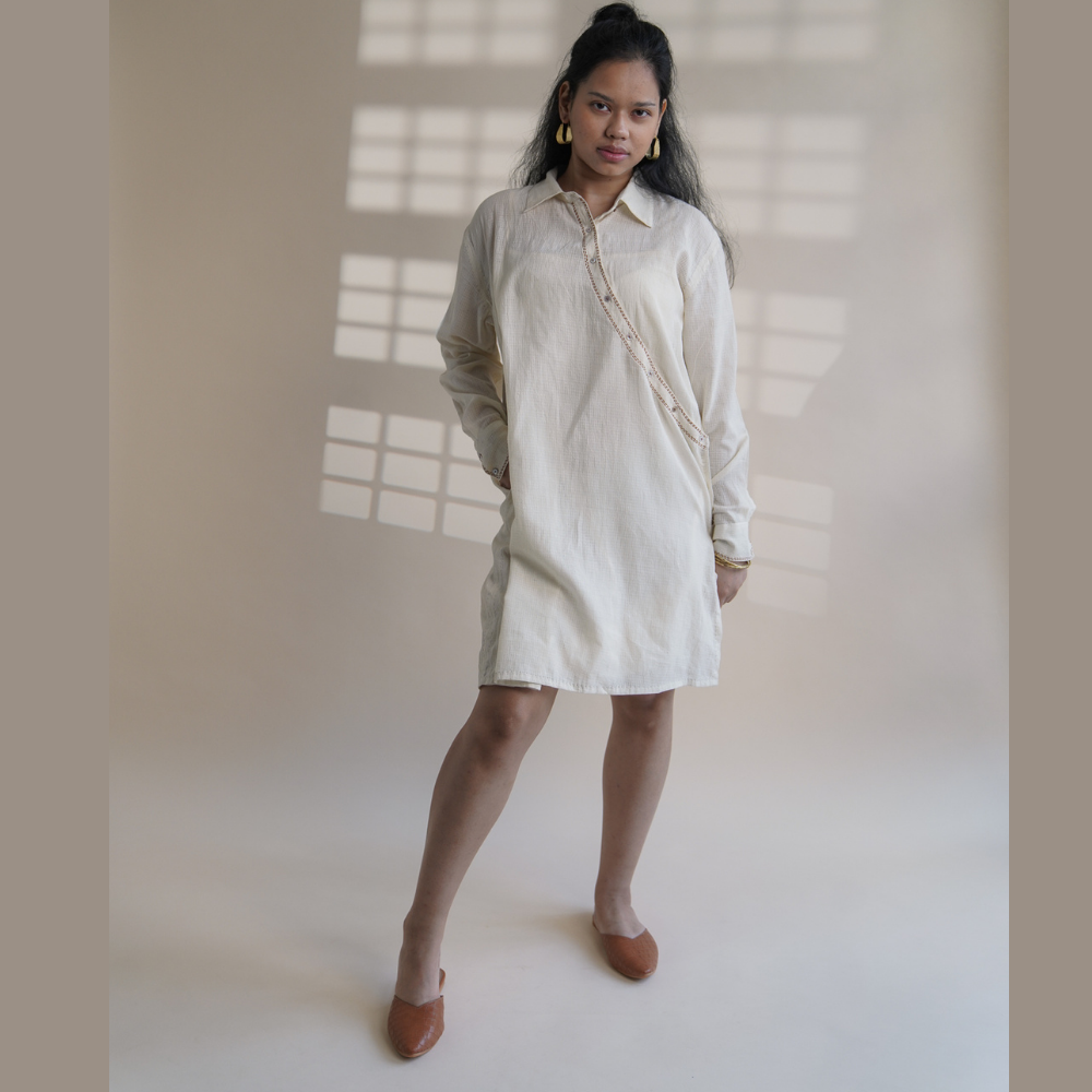 Angrakha Shirt Dress | Made of Ivory Charkha Spun Fabric | Conscious & Natural