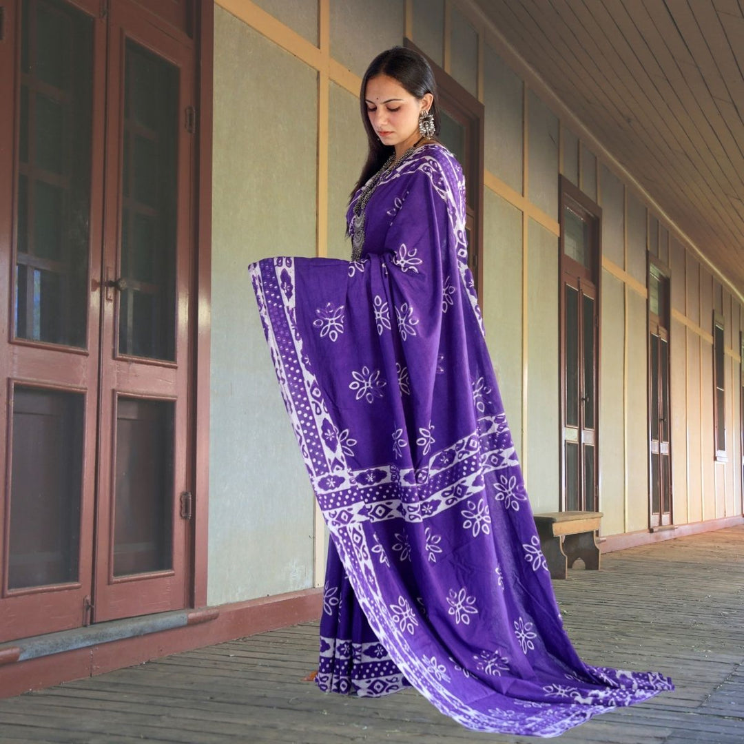 Purple & White Muslin Saree | Artistic Batik Print | Office Wear | Festive 