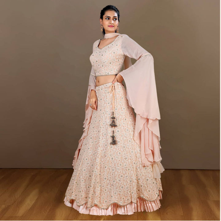 Munira Scalloped Lehenga Set | Tulle Dupatta| Stylish | Enchanting Design | Peach