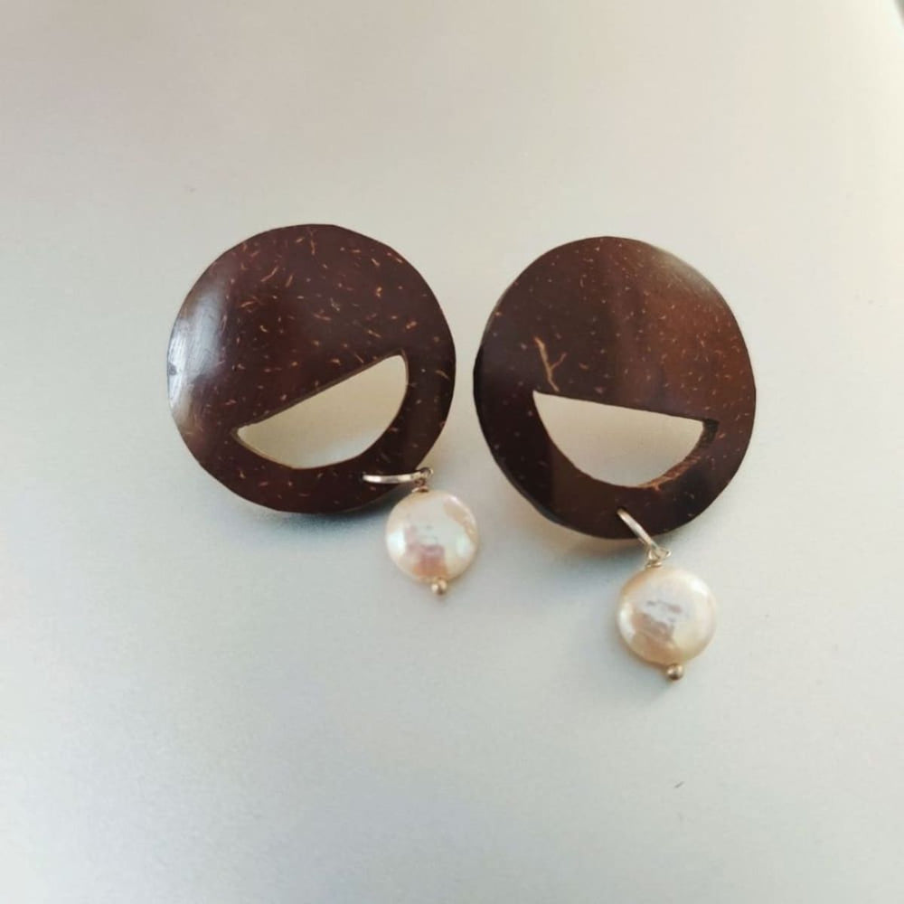 Pearl & Round Coconut Shell Earrings Golden Hook | Upcycled | Artisanal