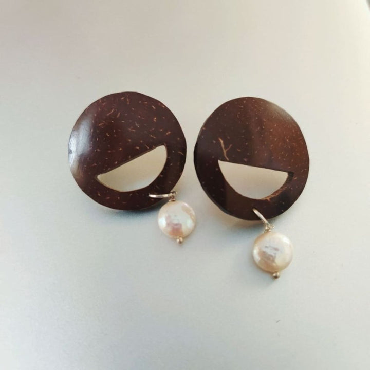 Pearl & Round Coconut Shell Earrings Silver Hook |