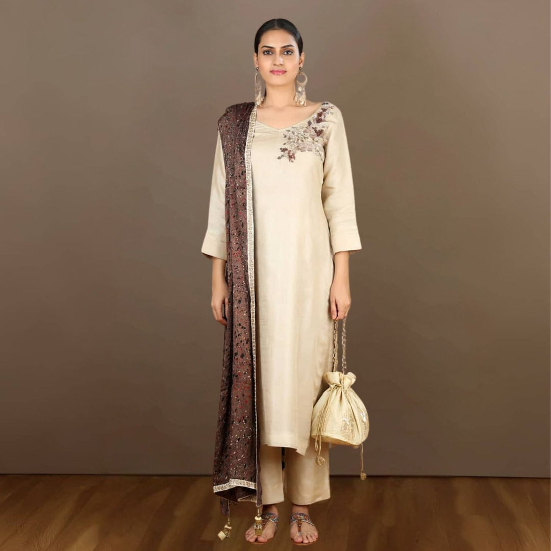 Karthika Tussar Kurta Pant | Hand-Crafted | Elegant | Glamorous Appeal | Beige & Wine