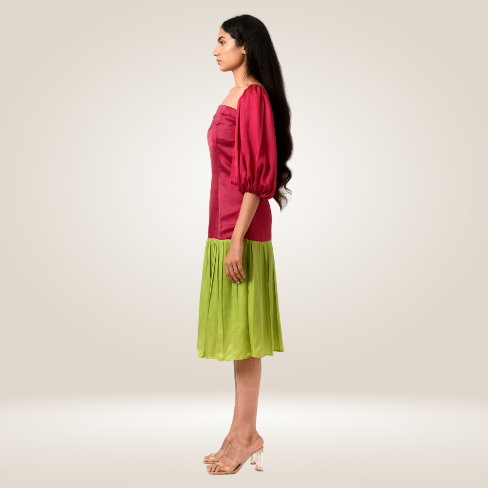 Wine-Green Balloon Sleeved Colour Block Dress | Modal Silk | Chic Appeal