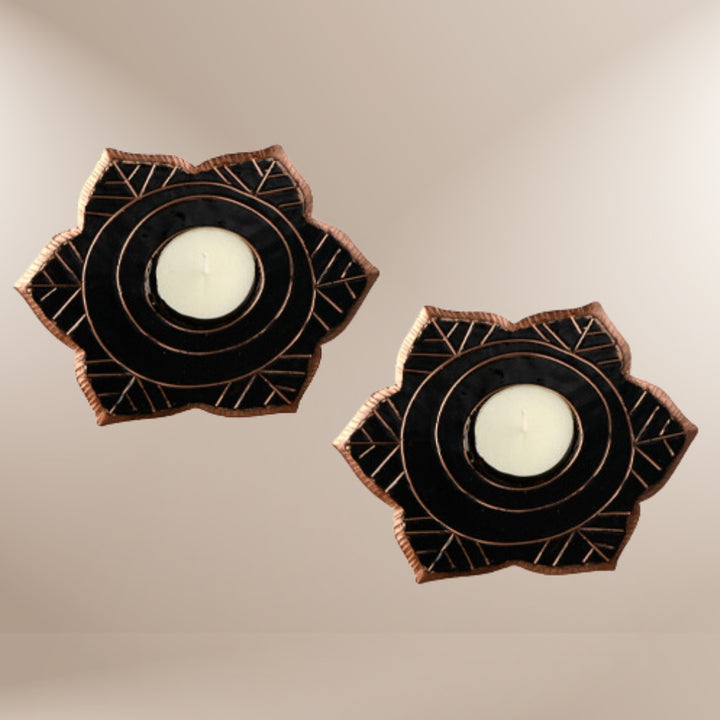 Deeva Tealight Candle Holder In Black | Copper Ware | Hand-crafted | Set Of 2