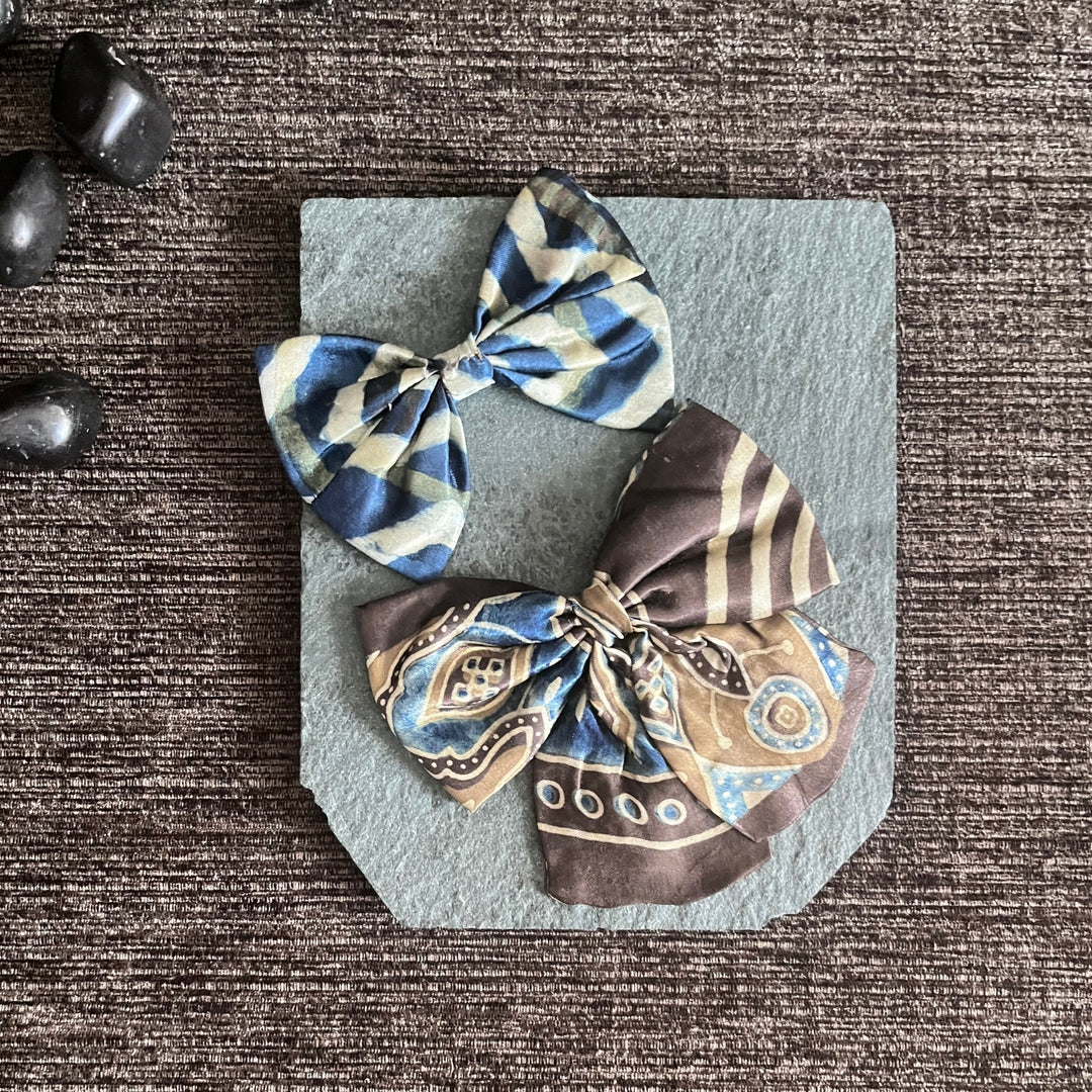 Bow Hair Clips For Girls | Modal Ajrakh Hair Accessories | Brown & Blue Set of 2