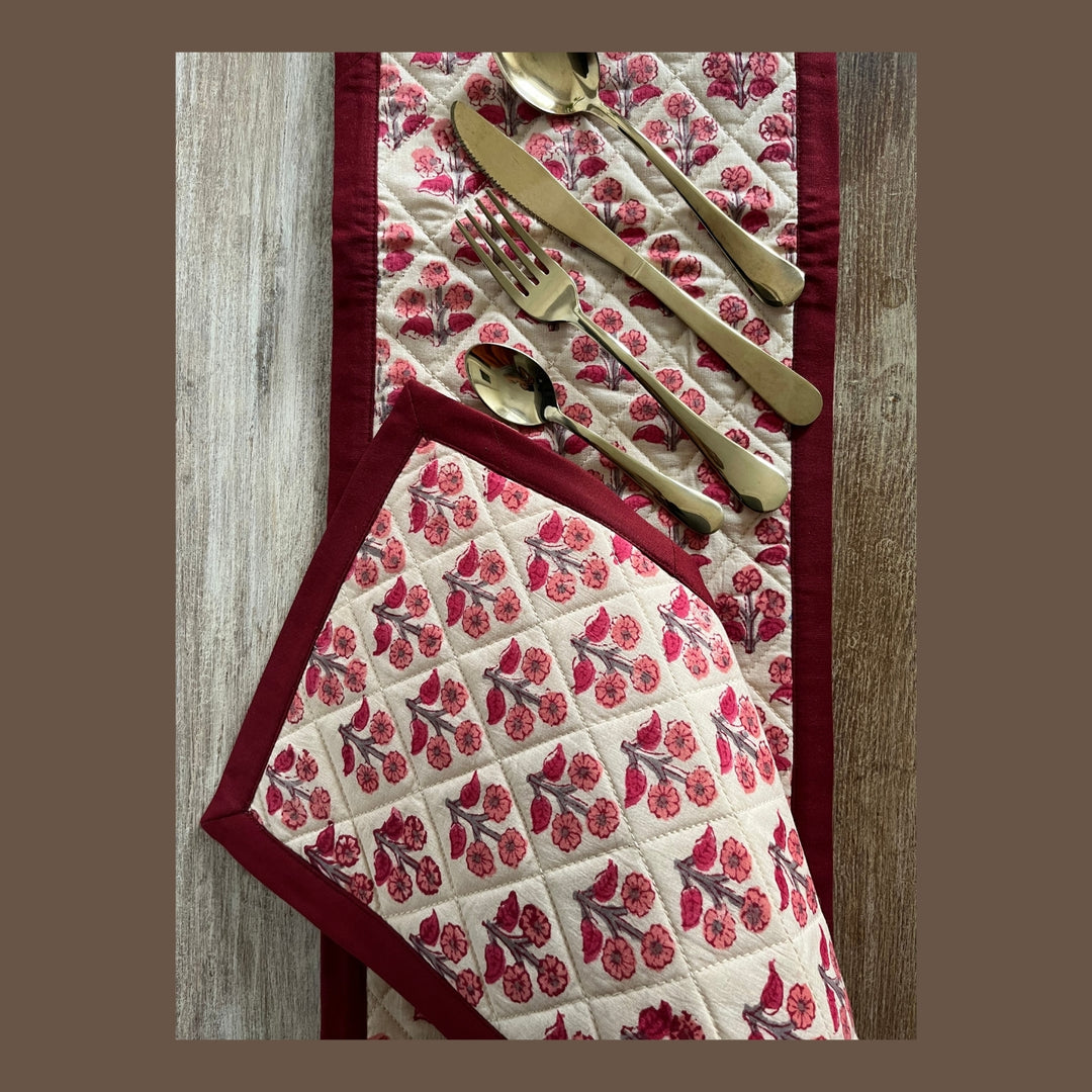 Table Runner | Hand Block Printed Cotton | Cream And Red Floral