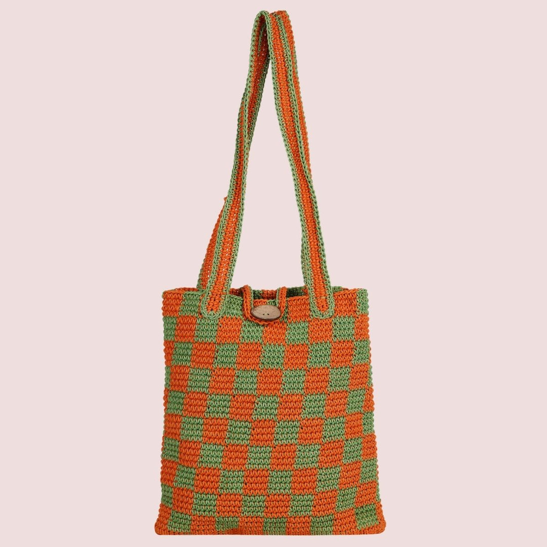 Checkered Tote Hand Bag | Hand-Crochet | Cotton Yarn | Rust & Fern Green