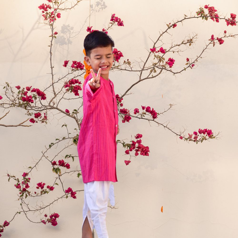 Pink & White Dhoti Set | Boys Ethnic Kurta Set | Festive Wear | Cotton | Pink And White