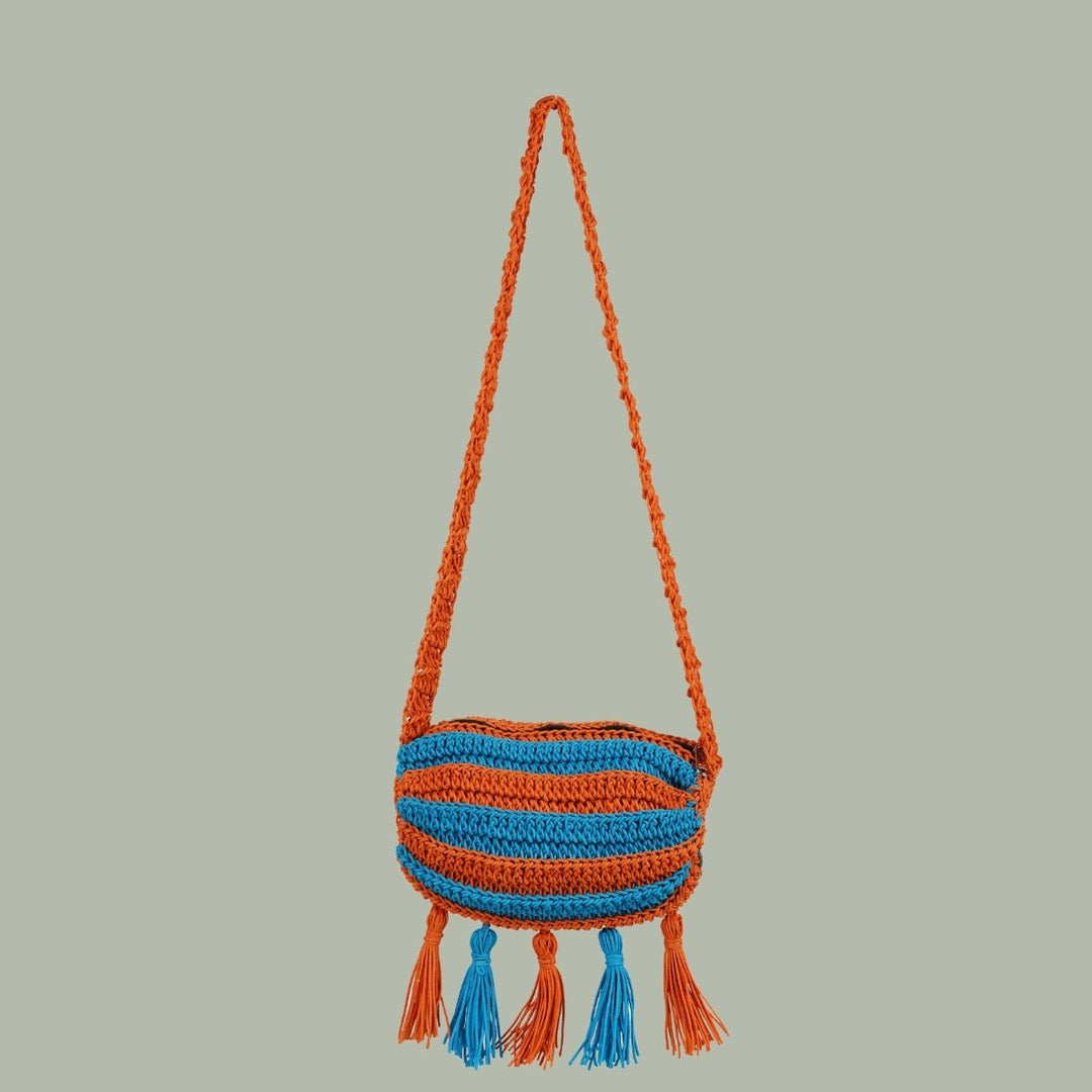 Duffel Mini Sling Bag | Hand-Crafted & Crochet | Cotton Yarn | Turquoise & Rust