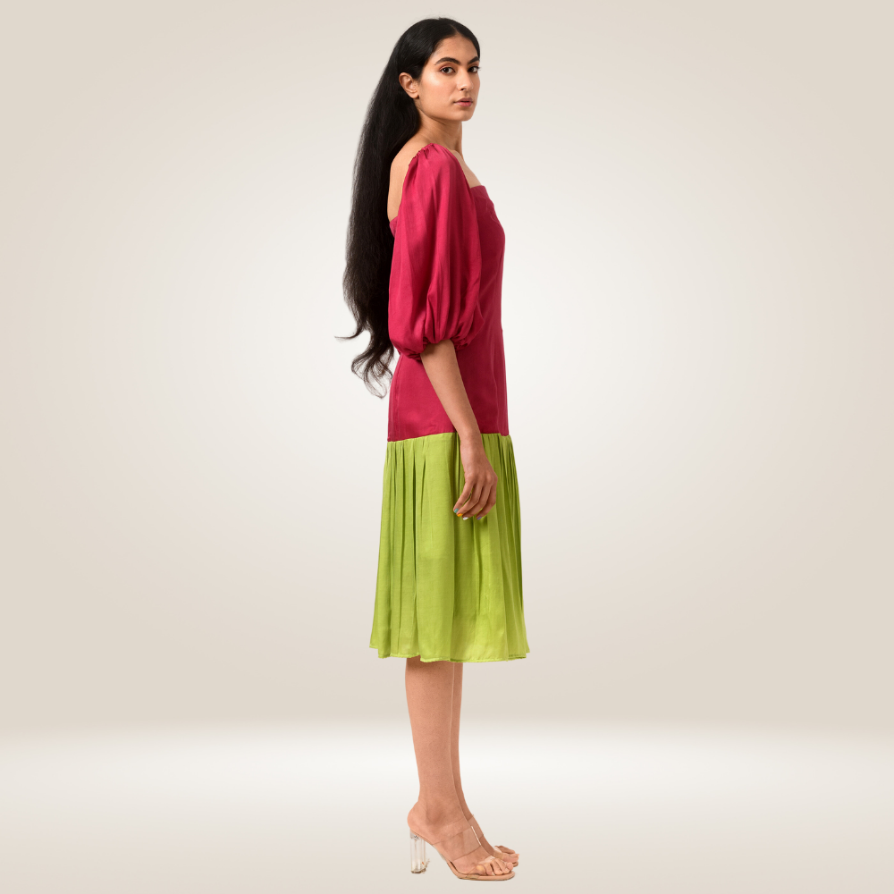 Wine-Green Balloon Sleeved Colour Block Dress | Modal Silk | Chic Appeal