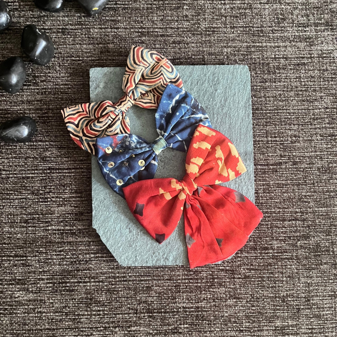 Bow Hair Clips For Girls | Ajrakh Block Print | Comfortable | Peppy |  Set of 3