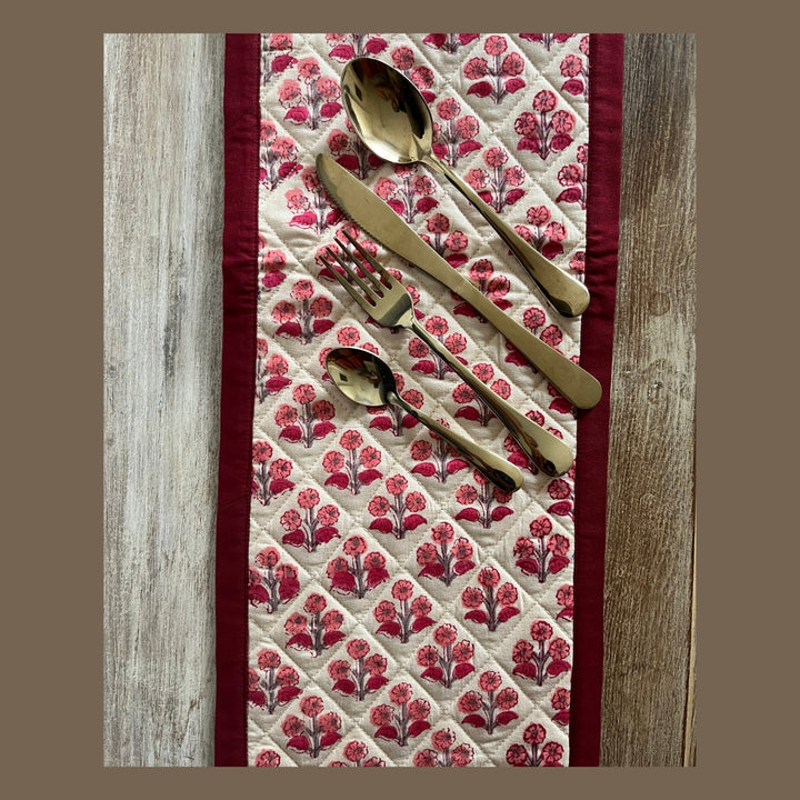 Table Runner | Hand Block Printed Cotton | Cream And Red Floral