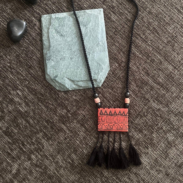 Rust And Black Necklace For Women | Madhubani Painted | Black Tassel | Rust & Black