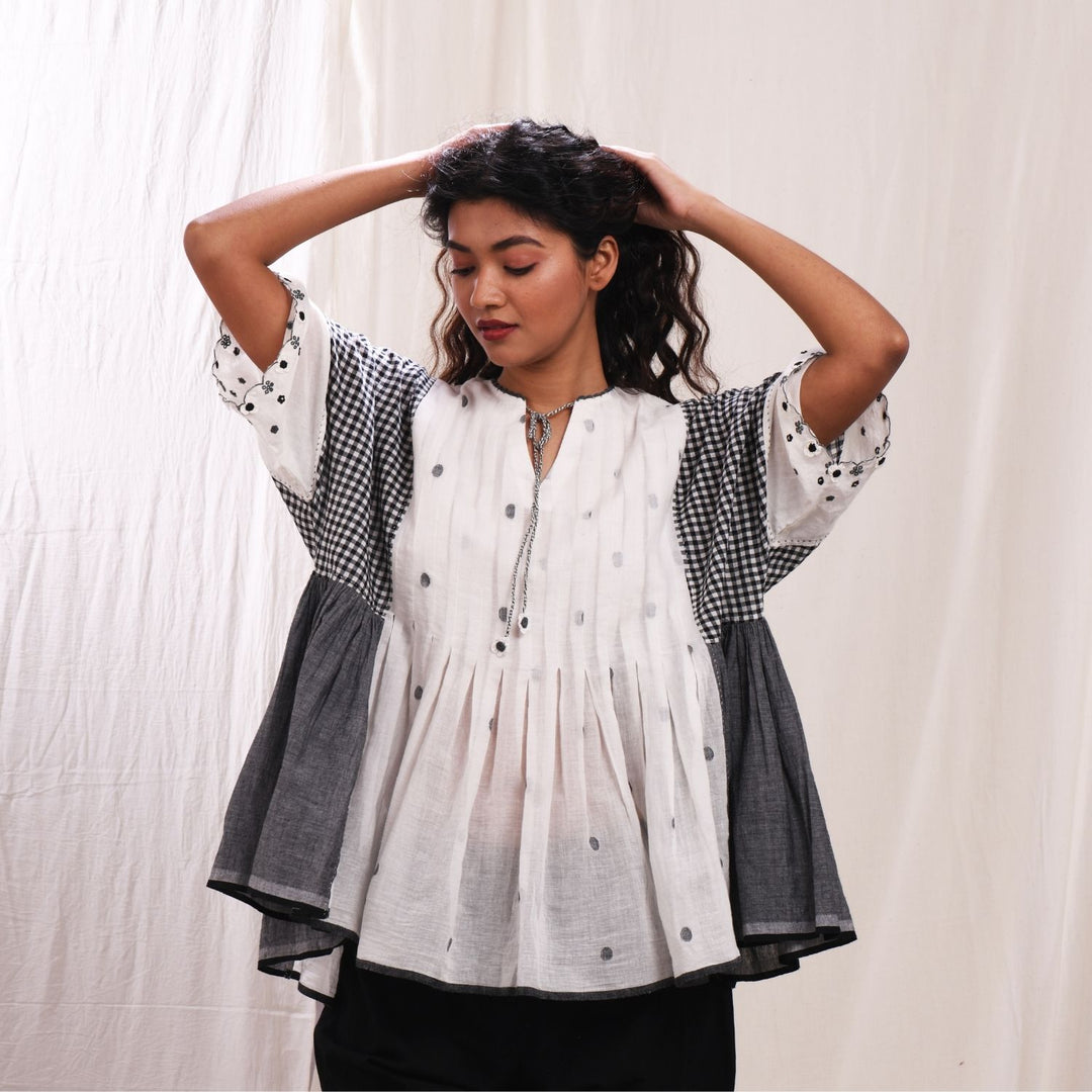 Megha Flared Top With Pleats | Handwoven Cotton Jamdani | Ivory & Black