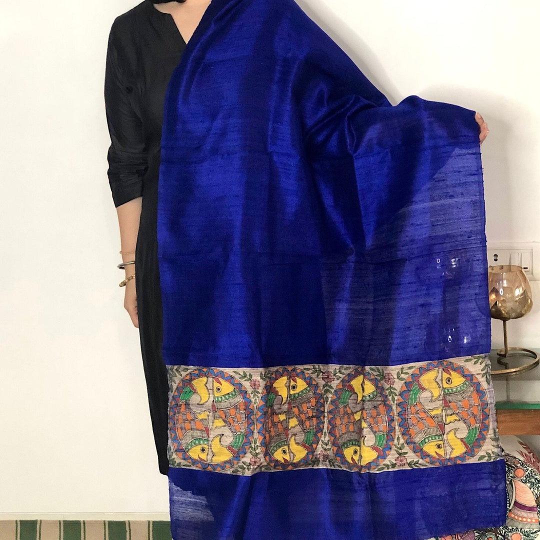 Nihira Madhubani Madhubani Art Painted Tussar Dupatta | Vibrant | Classy | Blue