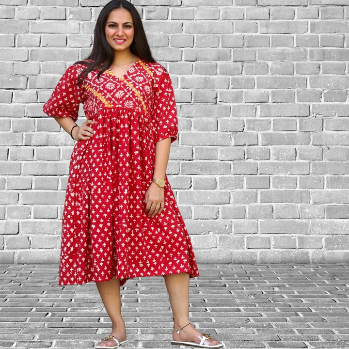 Women Red Dress | Casual Daily Wear | Hand Block Printed | Breathable Cotton