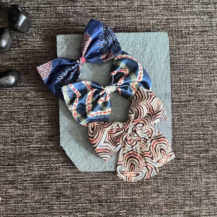 Ajrakh Bow Hair Clips For Girls | Hand Crafted | Comfortable | Blue & Beige | Set of 3