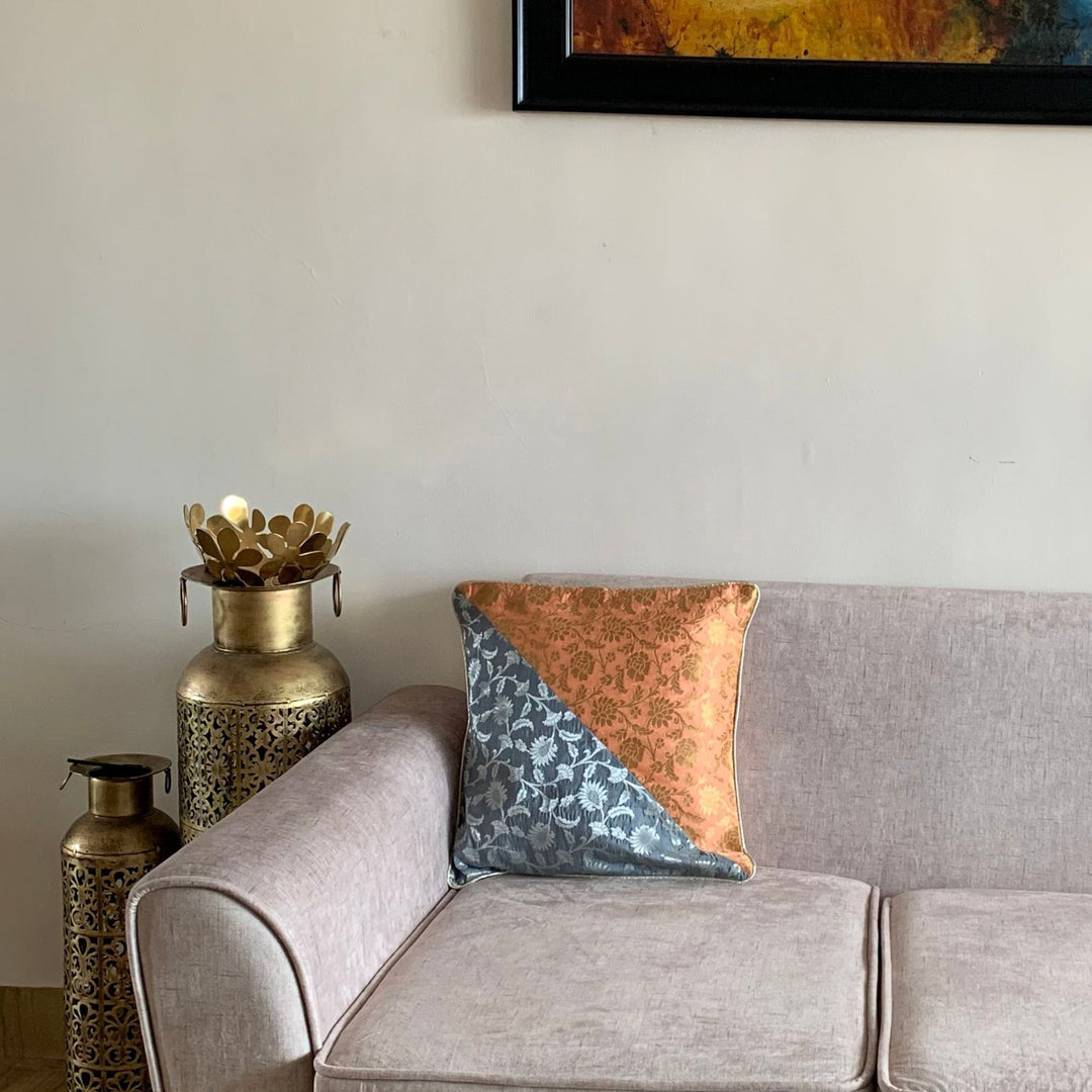 Grey And Peach Banarasi Cushion Cover | Accent Decor | 16" x 16"